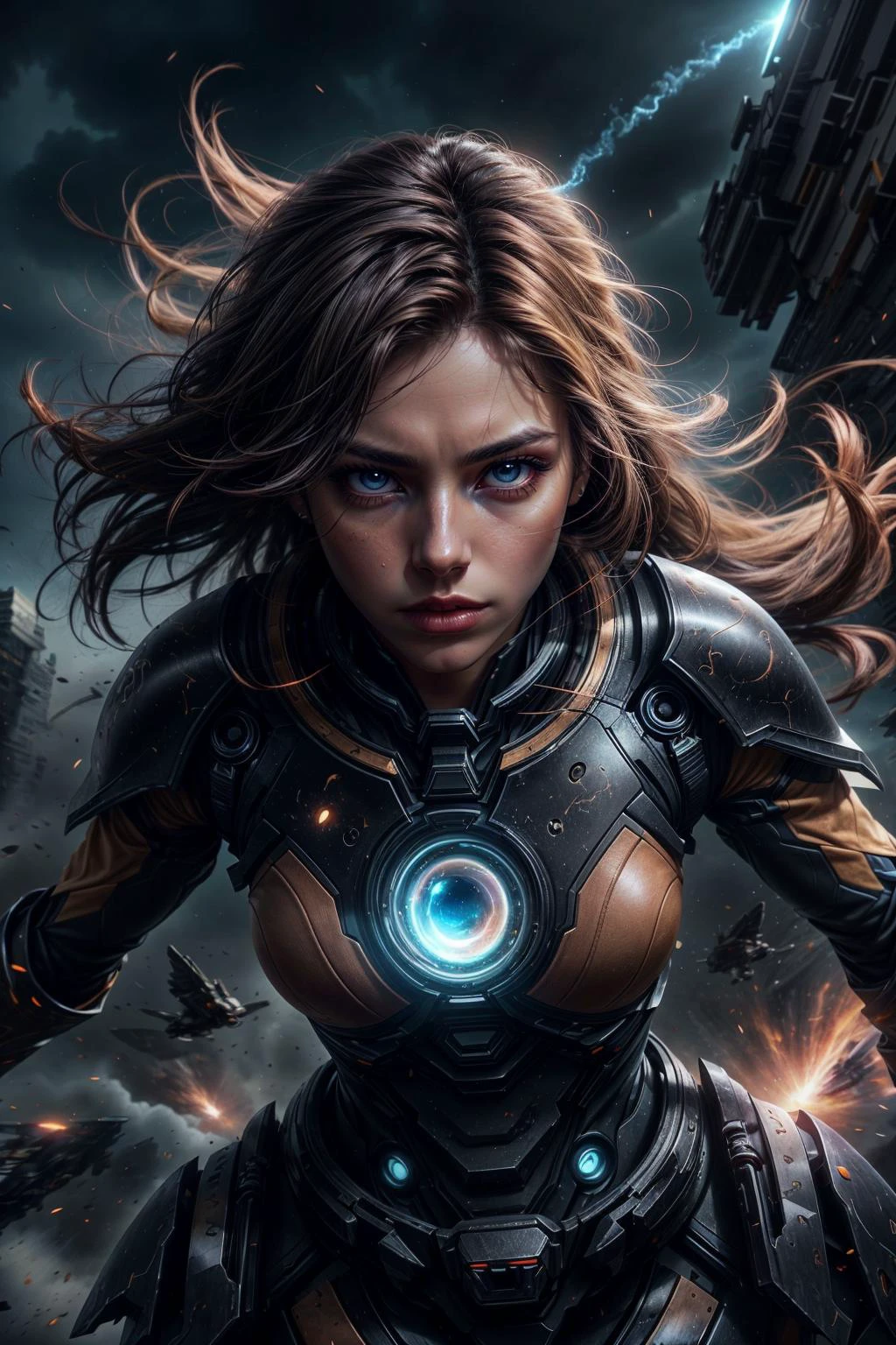 colorful chaos, vivid colors, <lora:add_detail:0.75>, <lora:sharpen-soften:-0.2>, <lora:stylesqueeze_v2:0.25>, <lora:realistic:0.25>,
1 girl, adult woman, pink eyes, light brown lob hair,
looking at viewer, solo, half shot, detailed background, close up, ( <lora:InfraBlackholeTech:0.6>, scifi, inblackholetech theme:1.1), superhero, determined expression, fighting stance, flying, hovering in air, sky, hair blowing in the wind, (birds:0.6), airplane, smoke, battle scene, cinematic atmosphere,