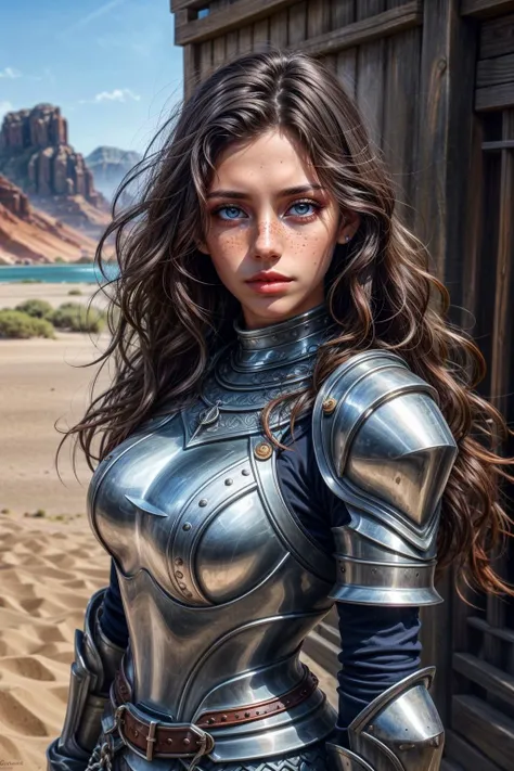 colorful chaos, striking visual design, <lora:add_detail:0.75>, <lora:sharpen-soften:-0.2>, <lora:stylesqueeze_v2:0.25>, <lora:realistic:0.25>,
1 girl, adult hungarian woman, freckles, hazel eyes, black beach waves hair,
portrait, solo, upper body, looking at viewer, detailed background, detailed face, (arid desert middle-eastern theme:1.1), protector, defending, resolute, chainmail armor, heraldry, gate in background, fortified, medieval atmosphere,
