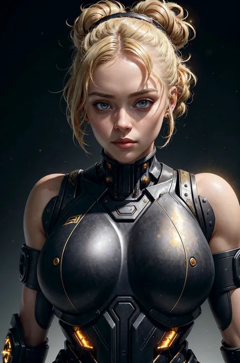 8k portrait, hi-tech bulky black plated ((cyborg)) with gold trim, overengineered, led lights, 1girl, pistons and circuits, striking a pose, futuristic, adorable, exuding power, mech factory, chromic reflections, angular layered construction, expensive tessellated design, blonde hair space buns, juggernaut, forged by fire