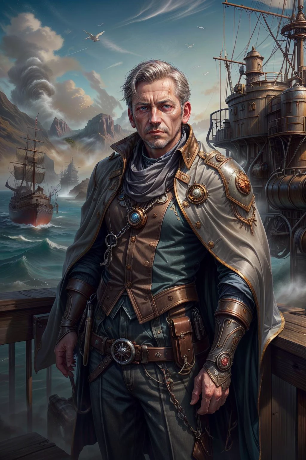 colorful chaos, <lora:add_detail:0.75>, <lora:sharpen-soften:-0.2>, <lora:stylesqueeze_v2:0.25>, <lora:realistic:0.25>,
(1man, wrinkled face, old male:1.2), frail, pink eyes, gray hair, short hair,
Style-GravityMagic, portrait, solo, (full body:0.6), looking down, detailed background, detailed face, (<lora:CattlePunkAI:0.6>, CattlePunkAI theme:1.1), admiral, serious, gray captain uniform, elegant cape, insignia, in port, rigging, rail, ship's bell, fleet on the horizon, sunny, cinematic atmosphere,