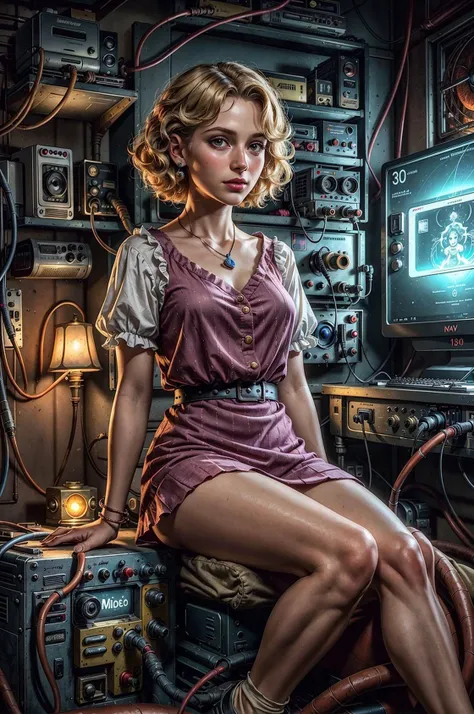 1930s, videogame console, buttons, wires, circuits, tacky, pretty woman with brightly colored clothes sitting in the glow of a crt monitor, drab environment