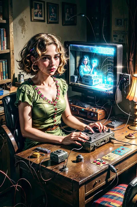 1930s, classic videogame console, buttons, wires, circuits, tacky antique furniture , pretty woman with brightly colored clothes sitting in the glow of a holographic crt monitor, drab environment, messy