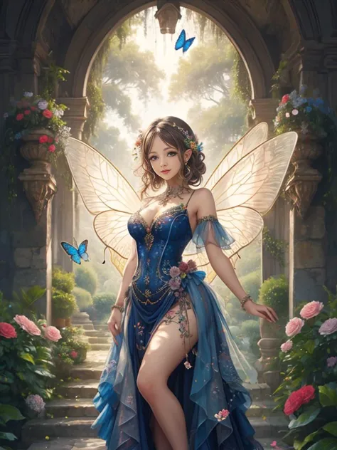 Pretty fairy perched on a giant rose, dressed in a sexy dress (Big Tits:1.4). Digital painting, artstation, concept art, soft focus, sharp, illustration. (very colorful:1.3)