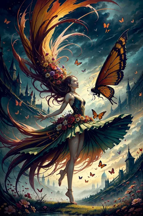 chaos, elegant, vivid colors, art by Anne Bachelier, atmospheric, a girl, elegant, butterflies, flowers blooming, in motion, dramatic, full body, organic composition