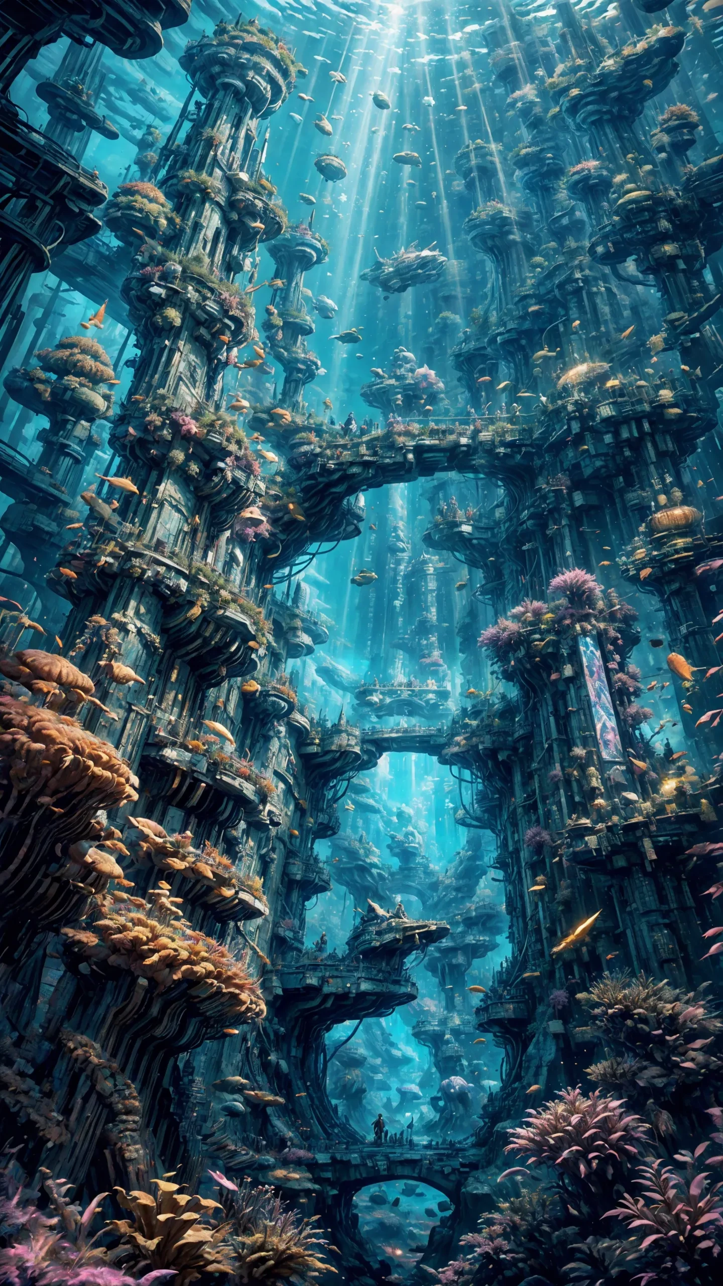 (beautiful (underwater) landscape), (very detailed), sharp focus, colorful (fishes, dophins, starfish, anemone), (water ripples oxygen bubbles) reflections, Dark Pink neon lights holograms, diver, mermaid, temple columns crystal windows, mechanical, sci-fi, futuristic architecture, coins, trident, amphora), (gold (futuristic sunken city castle palace), (atlantis city buldings), nature aquatic environment, illuminated cavern, coral forest reefs, (bright sunny sky), (high contrast), cinematic (lights), lens flare, colorful, [Cocoa Brown flowers), leaves, fantasy, <lora:Detail Tweaker LoRA add_detail:0.7> <lora:depth_of_field_slider_v1:5> <lora:SDXLrender_v2.0:0.8> <lora:CyberpunkStyleV3:0.5> PunkAI <lora:CyberPunkV2:0.40> 7Cy6er7P0nk9 <lora:underwater:0.4>