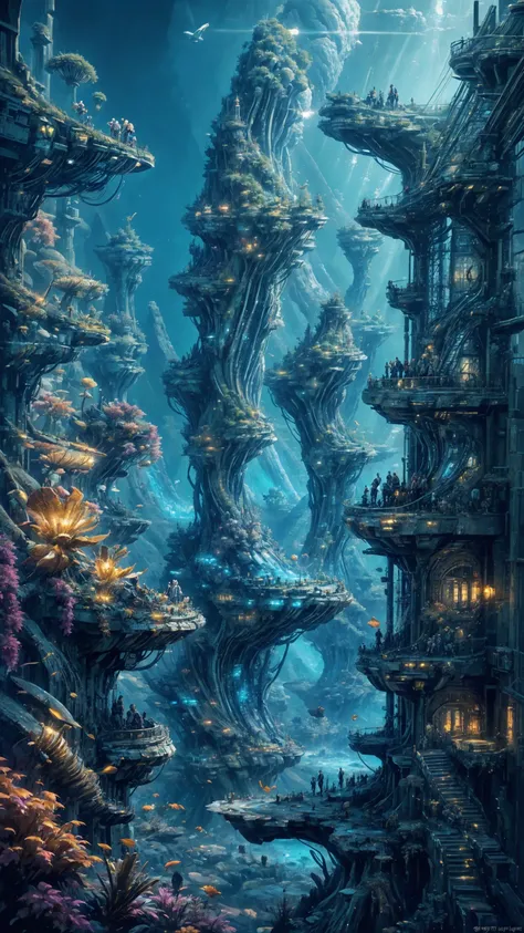 (beautiful (underwater) landscape), (very detailed), sharp focus, colorful (fishes,  dophins, starfish, anemone), (water ripples oxygen bubbles) reflections, King Blue neon lights holograms,  diver, mermaid, temple columns crystal windows, mechanical, sci-fi, futuristic architecture, coins, trident, amphora), (gold  (futuristic sunken city castle palace), (atlantis city buldings), nature aquatic environment, illuminated cavern, coral forest reefs, (bright sunny sky), (high contrast), cinematic (lights), lens flare, colorful, [Mocha flowers), leaves,   fantasy, <lora:Detail Tweaker LoRA add_detail:0.7> <lora:depth_of_field_slider_v1:5>  <lora:SDXLrender_v2.0:0.8> <lora:CyberpunkStyleV3:0.5> PunkAI <lora:CyberPunkV2:0.40> 7Cy6er7P0nk9  <lora:underwater:0.4>