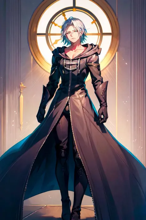 <lora:OrganizationXIIICoat:1> Organization XIII Coat, hood down, (medium hair:1.5),, ultra detailed, masterpiece, best quality, aesthetic, detailed,, solo, 1boy, teal eyes, <lora:Tsurime3:1>, (tsurime:1.2), parted bangs, white hair, medium hair, straight hair, shoulder-length hair, male focus,