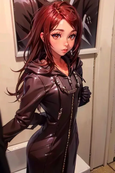 <lora:shoe:1> brown eyes, brown hair, long hair,  <lora:OrganizationXIIICoat:1> Organization XIII Coat, hood down,, absurdres, ultra detailed, masterpiece, best quality, aesthetic, detailed,