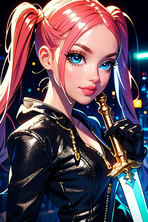 ((best quality)), ((masterpiece)), (intricate details, hyperdetailed:1.15), 35mm, bokeh, (perfect face, highest detailed face), (cowboy shot), Organization XIII Coat, hood down, <lora:OrganizationXIIICoat:1>, (hailoknight, Solo, 1girl, holding glowing sword infront of her, holding sword:1.4), <lora:hailoknightV2E12:1>, fashion photography of bratz, <lora:bratz3-01:0.6>, lips, large breasts, beautiful, makeup, mascara, lip gloss, perfect eyes, long eyelashes, pink twintail hair, smile, looking at viewer, 8k, shiny, glow, (bloom), beautiful girl in a dark city, photoshoot