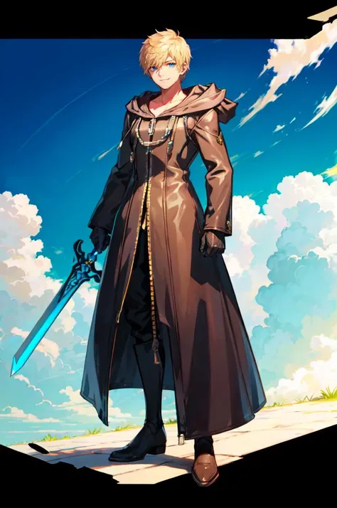 <lora:OrganizationXIIICoat:1> Organization XIII Coat, hood down, (medium hair:1.3), greatsword,, ultra detailed, masterpiece, best quality, aesthetic, detailed,, solo, smile, 1boy, blue eyes, medium blonde hair, parted bangs, hair intakes, male focus, muscular male,