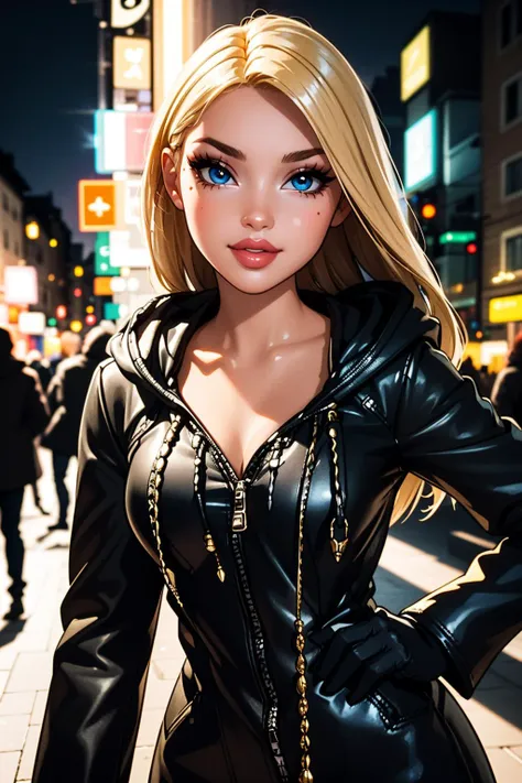 ((best quality)), ((masterpiece)), (intricate details, hyperdetailed:1.15), 35mm, bokeh, (perfect face, highest detailed face), (cowboy shot), Organization XIII Coat, hood down, <lora:OrganizationXIIICoat:1>, fashion photography of bratz, <lora:bratz3-01:0.6>, lips, large breasts, beautiful, makeup, mascara, lip gloss, perfect eyes, long eyelashes, long blonde hair, smile, looking at viewer, 8k, shiny, glow, (bloom), beautiful girl in a dark city, photoshoot