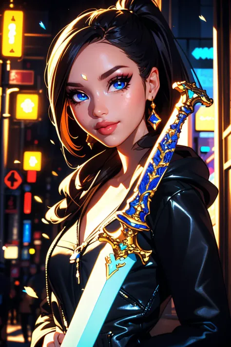 ((best quality)), ((masterpiece)), (intricate details, hyperdetailed:1.15), 35mm, bokeh, (perfect face, highest detailed face), (cowboy shot), Organization XIII Coat, hood down, <lora:OrganizationXIIICoat:1>, (hailoknight, Solo, 1girl, holding glowing sword infront of her, holding sword:1.4), <lora:hailoknightV2E12:1>, fashion photography of bratz, <lora:bratz3-01:0.6>, lips, large breasts, beautiful, makeup, mascara, lip gloss, perfect eyes, long eyelashes, black ponytail hair, smile, looking at viewer, 8k, shiny, glow, (bloom), beautiful girl in a dark city, photoshoot