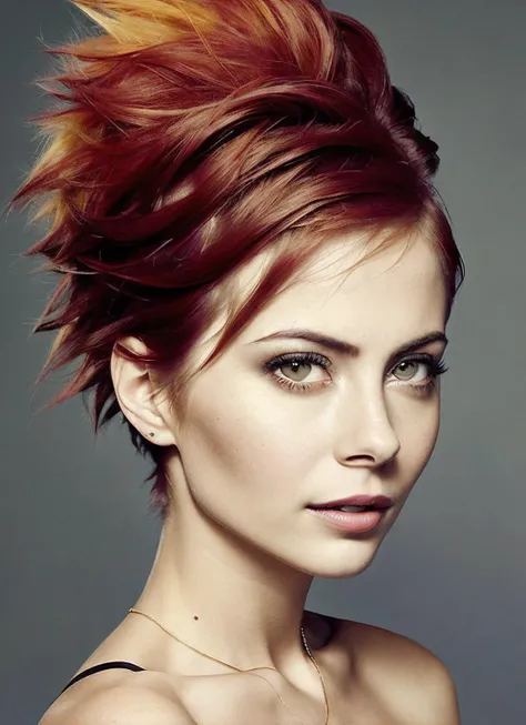portrait of sks woman by Flora Borsi, style by Flora Borsi, bold, bright colours, rainbow Mohawk haircut, ((Flora Borsi)), <lora:locon_willa_v1_from_v1_64_32:1.25>