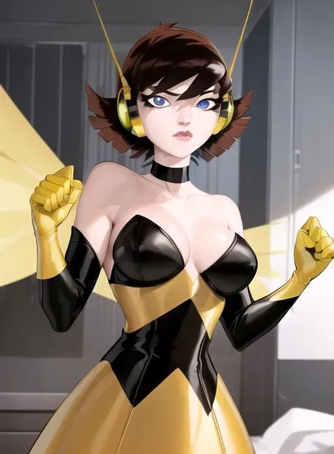 best quality, (masterpiece),(ultra-detailed), (high quality), (high resolution), <lora:wasp-10:0.7>, wasp, 1girl, short hair, blue eyes, choker, headphones,gloves, elbow gloves, makeup