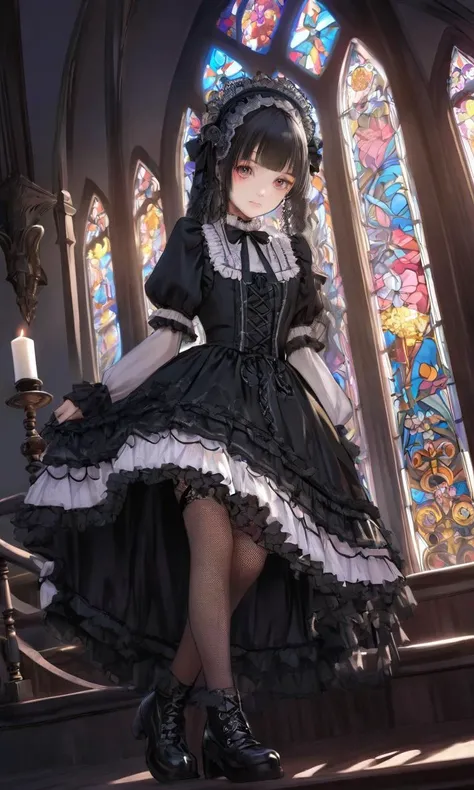 extremely quality extremely detailed, illustration, contrapposto, cute anime face cinematic lighting cinematic angle, lower eyelashes eyelashes, eyeliner, Gothic Frilled dress, long skirt, Headdress, bowknot, hair ornament, hair flower, black fishnet_pantyhose, garter straps, Lace, cross-laced footwear, frilled blouse, ribbon-trimmed sleeves, puffy sleeves, bloomers, candlestick, stained glass, intricate gothic architecture