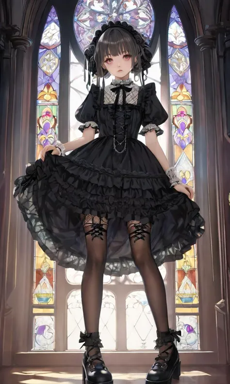 extremely quality extremely detailed, illustration, contrapposto, cute anime face cinematic lighting cinematic angle, lower eyelashes eyelashes, eyeliner, Gothic Frilled dress, long skirt, Headdress, bowknot, hair ornament, hair flower, black fishnet_pantyhose, garter straps, Lace, cross-laced footwear, frilled blouse, ribbon-trimmed sleeves, puffy sleeves, bloomers, candlestick, stained glass, intricate gothic architecture