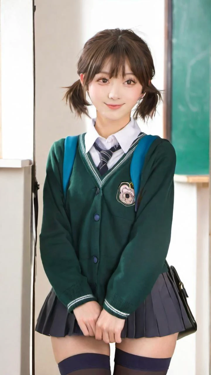 1girl, ite , flat chest , brown eyes, - brown hair, short hair , ponytail, wavy hair , hair over one eye, hair flaps , Joyful, blush , head_tilt standing , toward the buttocks, school uniform , black long sleeve , thighhighs, school bag, extremely quality extremely detailed, illustration, contrapposto, cute anime face cinematic lighting cinematic angle