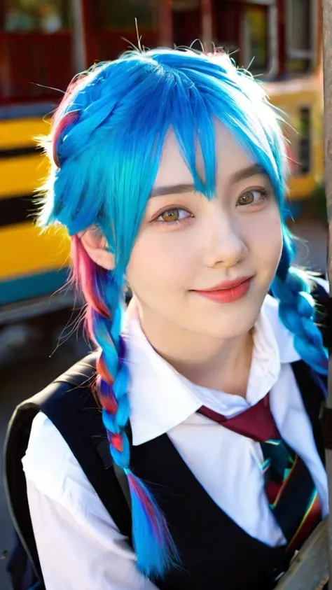 1girl, teen , small beasdt , yellow eyes, deep sky blue hair, short hair , short twin braid, streaked hair , hair_pulled_back, sideburns , evil smile, nose blush , , on back, school uniform , brown vest , pantyhose, school bag, extremely quality extremely detailed, contrapposto, Faint lips,UC:realistic glow shine like opal deep-silky-healthy-lackwarm-foundational-soft-skin, photo realistic ray trace depth of field, cinematic lighting cinematic angle