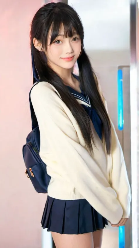 1girl, teen , huge tit , hazel eyes, clear black hair, very long hair , side ponytail, streaked hair , hair over one eye, hair flaps , embarrassed nose blush smile, blush , head_tilt standing , toward the buttocks, serafuku , navy long sleeve, sweater , high socks, school bag, extremely quality extremely detailed, contrapposto, Faint lips,UC:realistic glow shine like opal deep-silky-healthy-lackwarm-foundational-soft-skin, photo realistic ray trace depth of field, cinematic lighting cinematic angle