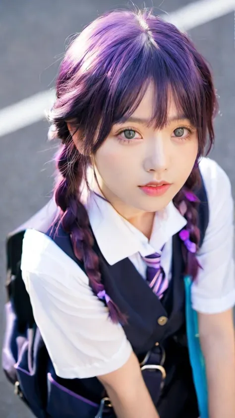 1girl, petite , medium breast , iridescence eyes, bright purple hair, medium hair , twin braids, wavy hair , asymmetrical bangs, hair flaps , Rejoicing, embarrassed , head_tilt standing , from above, serafuku , navy vest , high socks, school bag, extremely quality extremely detailed, contrapposto, Faint lips,UC:realistic glow shine like opal deep-silky-healthy-lackwarm-foundational-soft-skin, photo realistic ray trace depth of field, cinematic lighting cinematic angle