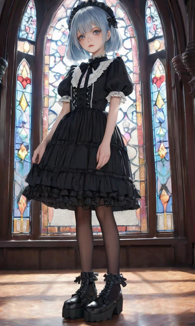 extremely quality extremely detailed, contrapposto, Faint lips,UC:realistic glow shine like opal deep-silky-healthy-lackwarm-foundational-soft-skin, photo realistic ray trace depth of field, extremely quality extremely detailed, illustration, contrapposto, cute anime face cinematic lighting cinematic angle, lower eyelashes eyelashes, eyeliner, Gothic Frilled dress, long skirt, Headdress, bowknot, hair ornament, hair flower, black fishnet_pantyhose, garter straps, Lace, cross-laced footwear, frilled blouse, ribbon-trimmed sleeves, puffy sleeves, bloomers, candlestick, stained glass, intricate gothic architecture, +++
gray eyes odd eyes ,
light sky blue hair,
short hair ,
bob,
drill hair ,
one eye visible through hair,
sideburns ,
;8,
nose blush ,
head_tilt
+++, full body, looking at viewer, toward the buttocks