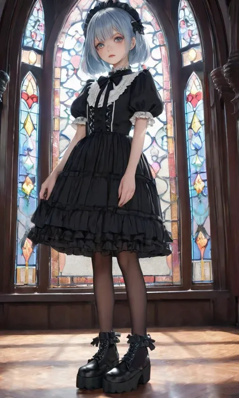 extremely quality extremely detailed, contrapposto, Faint lips,UC:realistic glow shine like opal deep-silky-healthy-lackwarm-foundational-soft-skin, photo realistic ray trace depth of field, extremely quality extremely detailed, illustration, contrapposto, cute anime face cinematic lighting cinematic angle, lower eyelashes eyelashes, eyeliner, Gothic Frilled dress, long skirt, Headdress, bowknot, hair ornament, hair flower, black fishnet_pantyhose, garter straps, Lace, cross-laced footwear, frilled blouse, ribbon-trimmed sleeves, puffy sleeves, bloomers, candlestick, stained glass, intricate gothic architecture, +++
gray eyes odd eyes ,
light sky blue hair,
short hair ,
bob,
drill hair ,
one eye visible through hair,
sideburns ,
;8,
nose blush ,
head_tilt
+++, full body, looking at viewer, toward the buttocks