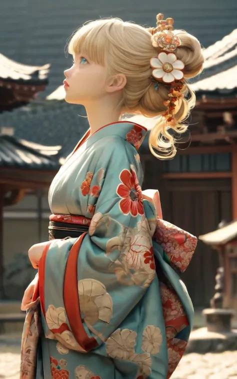  (back view )serious and sexy face, has a face of supernatural beauty and short stature, curly blonde hair, decorated with flowers, as well as blue eyes. (Ideal Anatomy) , (Perfect eyes) Her figure is extremely curvy, Giant breasts, heavy chest, fitness hips, textile, covering the chest,in a semi-transparent kimono where underwear is visible , large abdominal muscle, piece of art.beautiful kimono in harajuku style, lace panties, skinny, thin thick, small waist, 8 k, uhd, (seductive emphasized and raised ass), cherry blossoms fluttering in the wind, Feudal Japan background