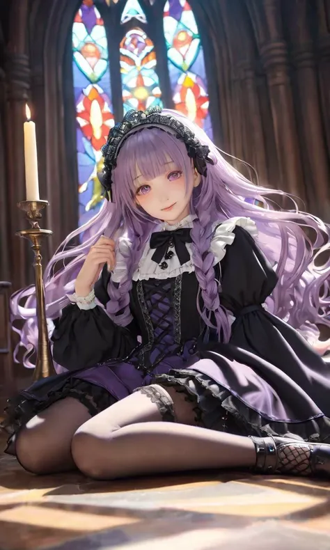 extremely quality extremely detailed, contrapposto, Faint lips,UC:realistic glow shine like opal deep-silky-healthy-lackwarm-foundational-soft-skin, photo realistic ray trace depth of field, extremely quality extremely detailed, illustration, contrapposto, cute anime face cinematic lighting cinematic angle, lower eyelashes eyelashes, eyeliner, Gothic Frilled dress, long skirt, Headdress, bowknot, hair ornament, hair flower, black fishnet_pantyhose, garter straps, Lace, cross-laced footwear, frilled blouse, ribbon-trimmed sleeves, puffy sleeves, bloomers, candlestick, stained glass, intricate gothic architecture, +++
multicolored eyes ,
pale purple hair,
very long hair ,
short twin braid,
wavy hair ,
crossed bangs,
sideburns ,
closed eyes smile,
blush ,
+++, cowboy shot, looking to the side, bare legs soles focus