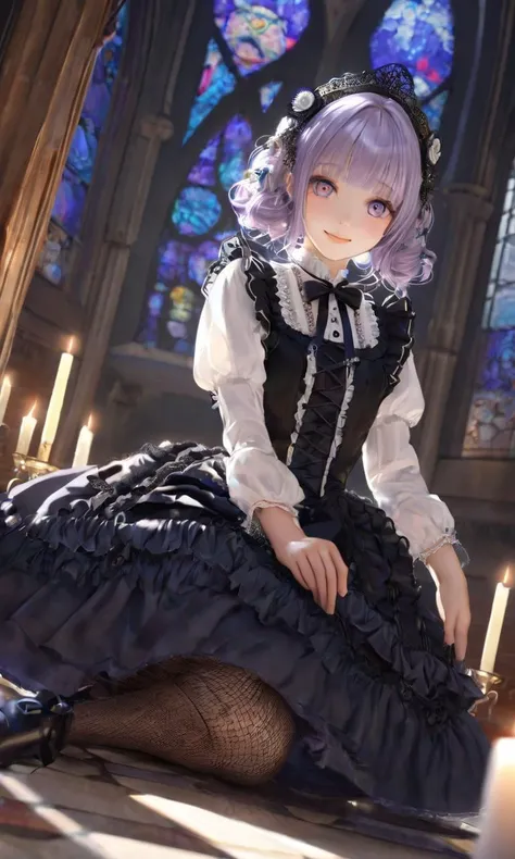 extremely quality extremely detailed, contrapposto, Faint lips,UC:realistic glow shine like opal deep-silky-healthy-lackwarm-foundational-soft-skin, photo realistic ray trace depth of field, extremely quality extremely detailed, illustration, contrapposto, cute anime face cinematic lighting cinematic angle, lower eyelashes eyelashes, eyeliner, Gothic Frilled dress, long skirt, Headdress, bowknot, hair ornament, hair flower, black fishnet_pantyhose, garter straps, Lace, cross-laced footwear, frilled blouse, ribbon-trimmed sleeves, puffy sleeves, bloomers, candlestick, stained glass, intricate gothic architecture, +++
indigo eyes ,
clear vermilion hair,
short hair ,
chignon,
wavy hair ,
one eye visible through hair,
hair flaps ,
smile fang,
blush_stickers ,
+++, face to tiptoe, looking to the side, From Front