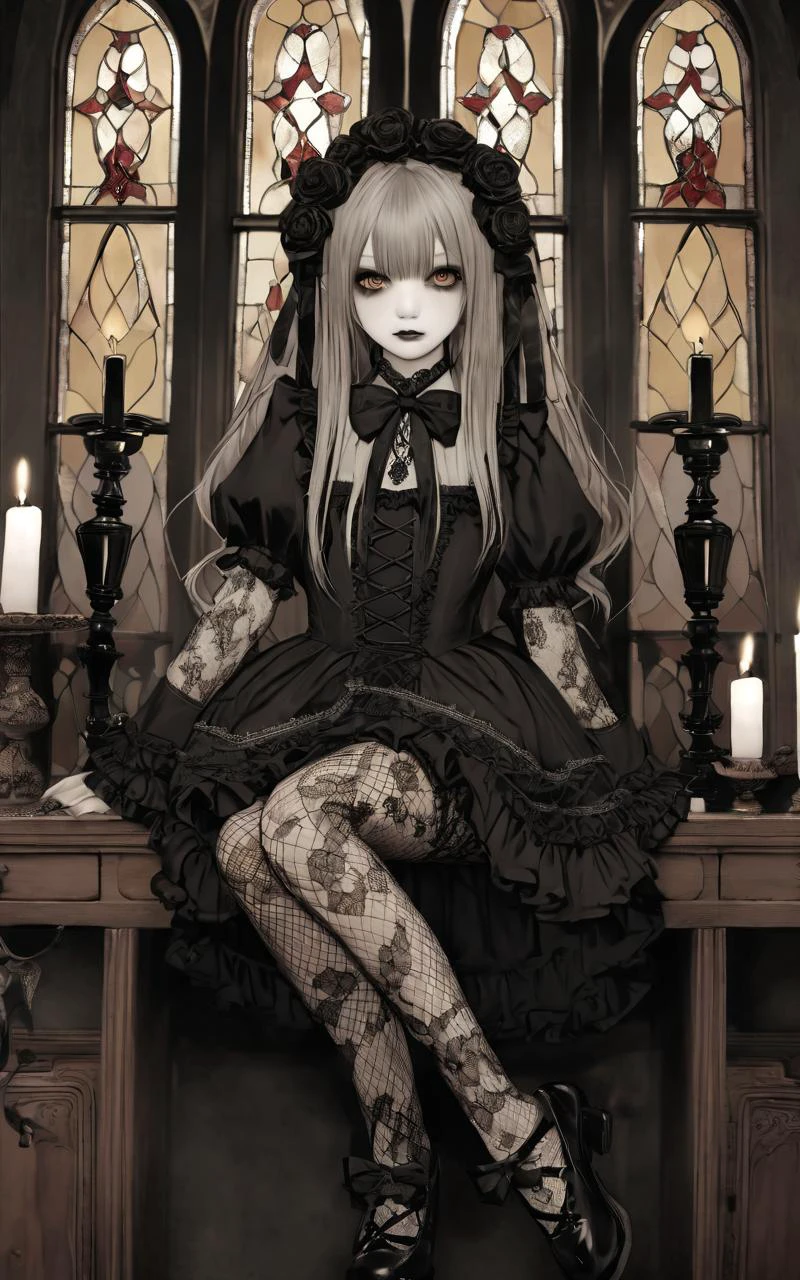 Vampirefs Secret Gathering Place, sepia color, 1girl, cute ite . flat chest , skindentation, lower eyelashes, upper eyelashes, eyeliner, Gothic Frilled dress, long skirt, Headdress, bowknot, hair ornament, hair flower, black fishnet_pantyhose, garter straps, Lace, cross-laced footwear, frilled blouse, ribbon-trimmed sleeves, puffy sleeves, drawers , candlestick, stained glass, intricate gothic architecture