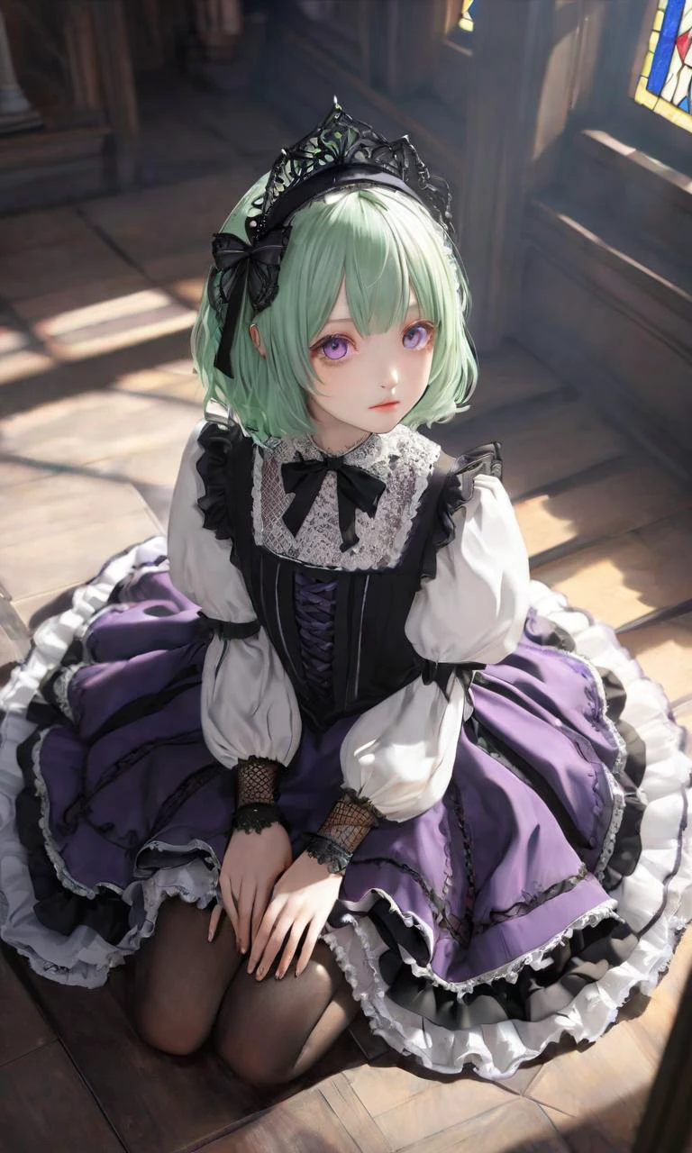 extremely quality extremely detailed, contrapposto, Faint lips,UC:realistic glow shine like opal deep-silky-healthy-lackwarm-foundational-soft-skin, photo realistic ray trace depth of field, extremely quality extremely detailed, illustration, contrapposto, cute anime face cinematic lighting cinematic angle, lower eyelashes eyelashes, eyeliner, Gothic Frilled dress, long skirt, Headdress, bowknot, hair ornament, hair flower, black fishnet_pantyhose, garter straps, Lace, cross-laced footwear, frilled blouse, ribbon-trimmed sleeves, puffy sleeves, bloomers, candlestick, stained glass, intricate gothic architecture, +++
purple eyes odd eyes ,
pale green hair,
short hair ,
hair spread out,
drill hair ,
asymmetrical bangs,
hair flaps ,
whiskers,
blush ,
head_tilt
+++, wide shot from above sitting, look up to, From Front