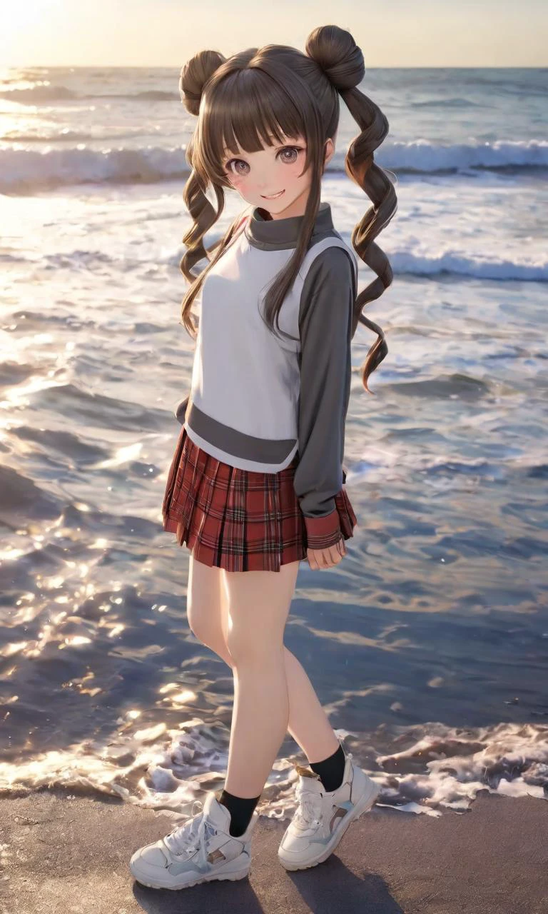 extremely quality extremely detailed, photo realistic ;8, extremely quality extremely detailed, illustration, contrapposto, cute anime face cinematic lighting cinematic angle, +++
gray eyes odd eyes ,
dark brown hair,
very long hair ,
double bun,
drill hair ,
blunt bangs,
sideburns ,
wavy mouth smile,
nose blush ,
head_tilt
+++, fullbody, looking at viewer, From a Distance, dark gray smock red plaid_skirt thighhighs trainers, Rough Seas wind outdoors, strong light coming in light rays light sparkles lens flare deep shadows caustics golden hour