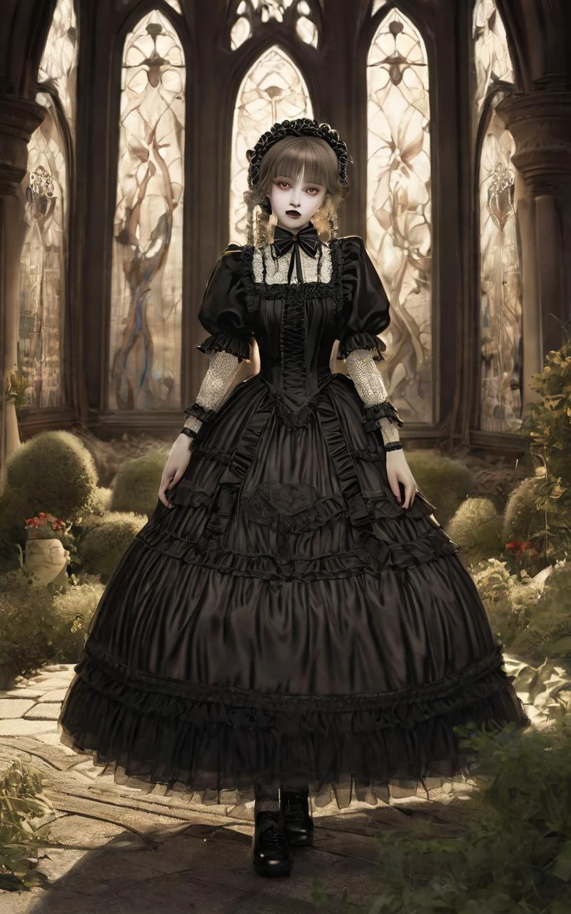 Cursed Garden, sepia color, extremely quality extremely detailed, Faint lips,UC:realistic glow shine like opal deep-silky-healthy-lackwarm-foundational-soft-skin, photo realistic ray trace depth of field, <lora:_sdxl-flat:-0.5>, 1girl . big breast , skindentation, lower eyelashes, upper eyelashes, eyeliner, Gothic Frilled dress, long skirt, Headdress, bowknot, hair ornament, hair flower, black fishnet_pantyhose, garter straps, Lace, cross-laced footwear, frilled blouse, ribbon-trimmed sleeves, puffy sleeves, Panniers, tulle , candlestick, stained glass, intricate gothic architecture