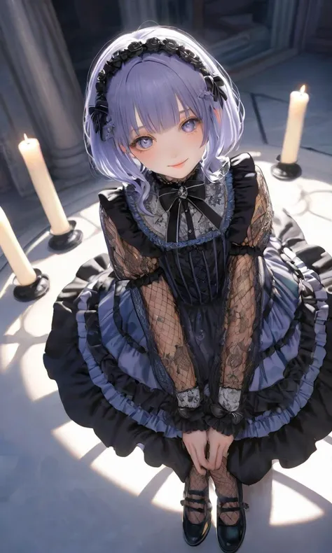 extremely quality extremely detailed, contrapposto, Faint lips,UC:realistic glow shine like opal deep-silky-healthy-lackwarm-foundational-soft-skin, photo realistic ray trace depth of field, extremely quality extremely detailed, illustration, contrapposto, cute anime face cinematic lighting cinematic angle, lower eyelashes eyelashes, eyeliner, Gothic Frilled dress, long skirt, Headdress, bowknot, hair ornament, hair flower, black fishnet_pantyhose, garter straps, Lace, cross-laced footwear, frilled blouse, ribbon-trimmed sleeves, puffy sleeves, bloomers, candlestick, stained glass, intricate gothic architecture, +++ 
purple eyes , 
- coral hair, 
long hair , 
chignon, 
streaked hair , 
crossed bangs, 
hair flaps , 
Blushing, 
embarrassed , 
+++, Aerial Shot, looking at viewer, from above