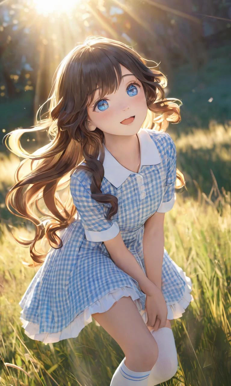 extremely quality extremely detailed, photo realistic Excited, extremely quality extremely detailed, illustration, contrapposto, cute anime face cinematic lighting cinematic angle, +++
blue eyes ,
dark amber hair,
very long hair ,
spiralcurl,
streaked hair ,
bangs,
hair flaps ,
:p,
nose blush ,
head_tilt
+++, fullbody, looking to the side, From a Distance, vivid sky blue gingham check collared shirt silver layered skirt high socks dress shoes, Picnic in the Meadow wind outdoors, strong light coming in light rays light sparkles lens flare deep shadows caustics golden hour