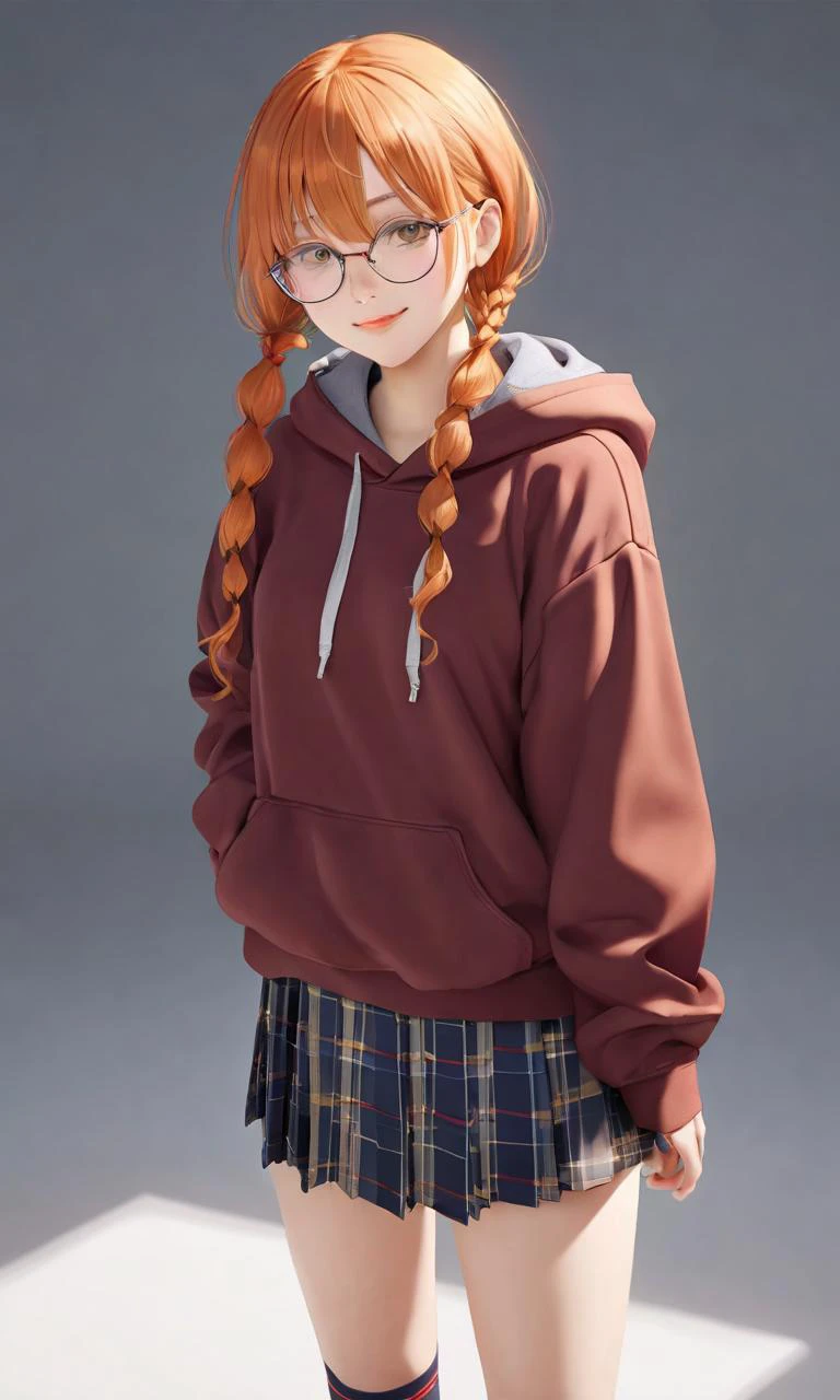 1girl, opaque_glasses , , big breast , burgundy eyes, bright orange hair, very long hair , low twintails, drill hair , asymmetrical bangs, sideburns , squinting eyes smile, blush , head_tilt standing , From Front, school uniform , brown long sleeve hoodie , socks, sneakers , extremely quality extremely detailed, contrapposto, Faint lips,UC:realistic glow shine like opal deep-silky-healthy-lackwarm-foundational-soft-skin, photo realistic ray trace depth of field, cinematic lighting cinematic angle