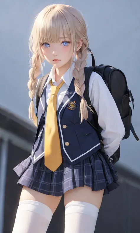 1girl, , teen , small beasdt , iridescence eyes, clear hazel hair, very long hair , french braid, drill hair , blunt bangs, hair flaps , serious, blush , head_tilt standing , between the legs, school uniform , navy  vest , thighhighs, lowfwes    backpack , extremely quality extremely detailed, contrapposto, Faint lips,UC:realistic glow shine like opal deep-silky-healthy-lackwarm-foundational-soft-skin, photo realistic ray trace depth of field, cinematic lighting cinematic angle