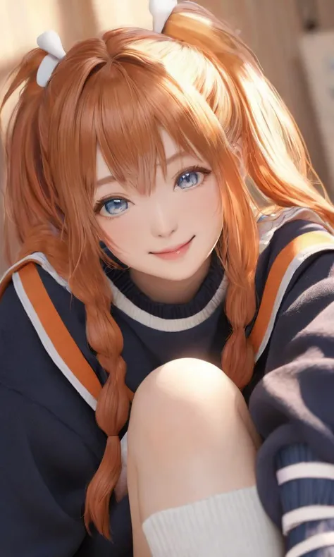1girl, , teen , big breast , silver eyes, deep orange hair, long hair , twin ponytails, streaked hair , bangs, sideburns , Smiling, nose blush , , POV, serafuku , black long sleeve, sweater , loose socks, work boots , extremely quality extremely detailed, contrapposto, Faint lips,UC:realistic glow shine like opal deep-silky-healthy-lackwarm-foundational-soft-skin, photo realistic ray trace depth of field, cinematic lighting cinematic angle