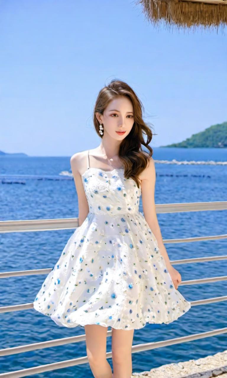 A woman standing on a pier next to the ocean - SeaArt AI