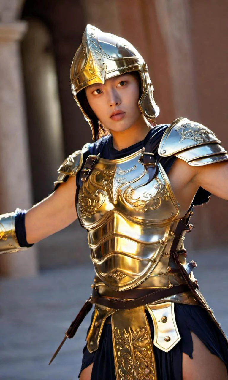 midnight sun, extremely quality extremely detailed, contrapposto, Faint lips,UC:realistic glow shine like opal deep-silky-healthy-lackwarm-foundational-soft-skin, photo realistic ray trace depth of field, cinematic lighting cinematic angle, 1boy man male, abs muscular +++, fantasy ( Glossy Metallic Engraving Pattern long shirt gold armor intricate dress armor intricate Plunging armor intricate breastplate gladiator) muscular helmet stole tabard, looking ahead flyings weatdrops (((fighting stance))) stylish pose Punches Kicks Fighting dynamic pose