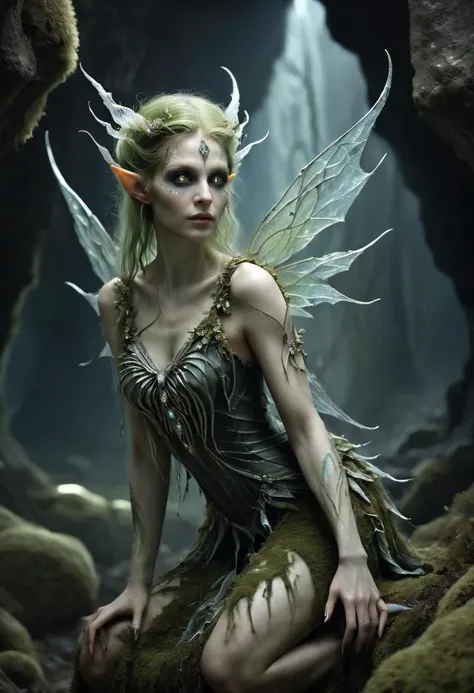 realistic portrait photography of a adult gothic elf with pastel color scheme hair, fairy wings made of moss, tattoos, makeup, (sexy pose: 1.3), in a magical glowing crystal cave, posing for a picture, the cave walls made of glittering crystals, fantastical background, intricate details, ultra sharp, realism <lora:mosscoveredXL:0.8>