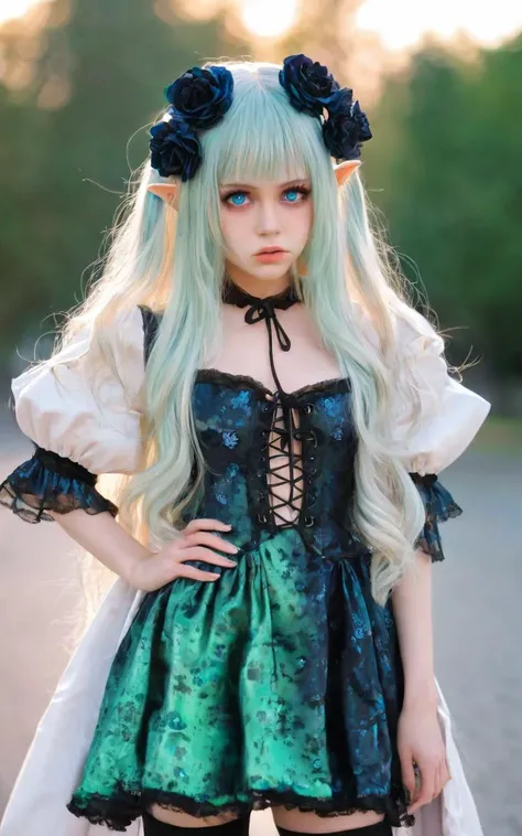 cute elf Young woman pointy ears, [lightgreen] eyeliner piercing small breasts skindentation shiny hair gradation [gradient partially [blonde:silver:0.9] hair] super long hair blue eyes ((eyes visible through hair)) angry +++ vivid starry print gothic dress, headdress, frilled, puffy sleeves, hair flower, garter, blouse white super long coat, thighhighs, darkbrown lace-up long boots, charcoal collar thigh_gap