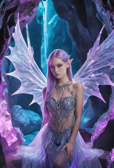 realistic portrait photography of a adult gothic elf with monochrome purple tones hair, fairy wings made of cryztal, tattoos, makeup, (sexy pose: 1.3), in a magical glowing crystal cave, posing for a picture, the cave walls made of glittering crystals, fantastical background, intricate details, ultra sharp, realism <lora:Cryztal_Wave:0.8>