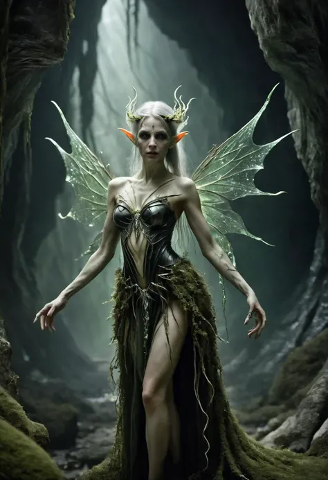 realistic portrait photography of a adult gothic elf with green and silver hair, fairy wings made of moss, tattoos, makeup, (sexy pose: 1.3), in a magical glowing crystal cave, posing for a picture, the cave walls made of glittering crystals, fantastical background, intricate details, ultra sharp, realism <lora:mosscoveredXL:0.8>