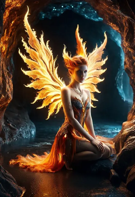 realistic portrait photography of a adult gothic elf with fall colors, red, yellow, orange, brown hair, fairy wings made of mad-flames, tattoos, makeup, (sexy pose: 1.3), in a magical glowing crystal cave, posing for a picture, the cave walls made of glittering crystals, fantastical background, intricate details, ultra sharp, realism <lora:Flames_SDXL:1>