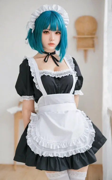 1girl, aqua hair, bob-cut, blunt bangs, orange eyes, cleavage, collarbone, eyebrows visible through hair, large breasts, choker +++ black maid dress, lace trim, white maid apron, frilled apron, maid headdress, waist apron, puffy sleeves, black thighhighs, frills, garter straps, blue rose flower hair ornament, :o