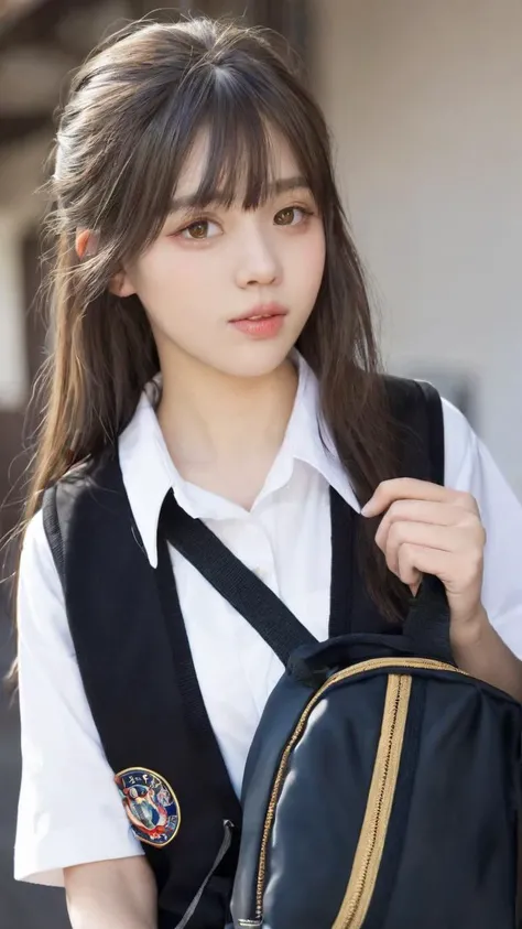 1girl, petite , huge tit , blond eyes, dark brown hair, long hair , hair spread out, streaked hair , swept bangs, hair flaps , Joyful, nose blush , , from side, school uniform , black vest , fishnet tights, school bag, extremely quality extremely detailed, contrapposto, Faint lips,UC:realistic glow shine like opal deep-silky-healthy-lackwarm-foundational-soft-skin, photo realistic ray trace depth of field, cinematic lighting cinematic angle