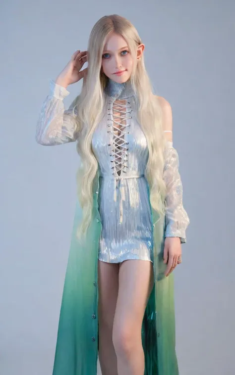 cute elf Young woman pointy ears, [lightgreen] eyeliner piercing small breasts skindentation shiny hair gradation [gradient partially [blonde:silver:0.9] hair] super long hair blue eyes ((eyes visible through hair)) evil smile +++ transparency silver Maxi Dress, blouse white super long coat, thighhighs, darkbrown lace-up long boots, charcoal collar thigh_gap