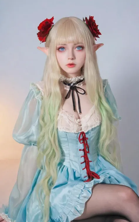 cute elf Young woman pointy ears, [lightgreen] eyeliner piercing small breasts skindentation shiny hair gradation [gradient partially [blonde:silver:0.9] hair] super long hair blue eyes ((eyes visible through hair)) Bashful +++ transparency red gothic dress, headdress, frilled, puffy sleeves, hair flower, garter, blouse white super long coat, thighhighs, darkbrown lace-up long boots, charcoal collar thigh_gap