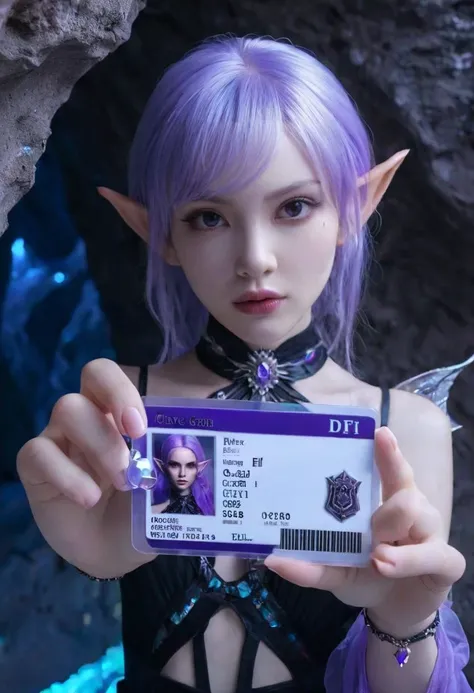 realistic portrait photography of a adult gothic elf with monochrome purple tones hair holding a id card, fairy wings, tattoos, makeup, (sexy pose: 1.3), in a magical glowing crystal cave, posing for a picture, the cave walls made of glittering crystals, fantastical background, intricate details, ultra sharp, realism <lora:seemycard3:1>